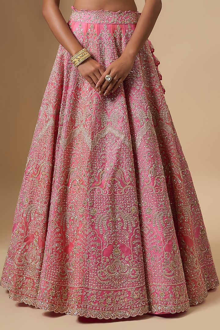 Pink & Coral Organza Hand Embroidered Bridal Lehenga Set by Anushree Reddy at Pernia's Pop Up Shop