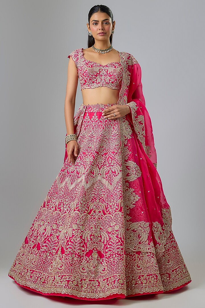 Cherry Red Organza Hand Embroidered Bridal Lehenga Set  by Anushree Reddy at Pernia's Pop Up Shop