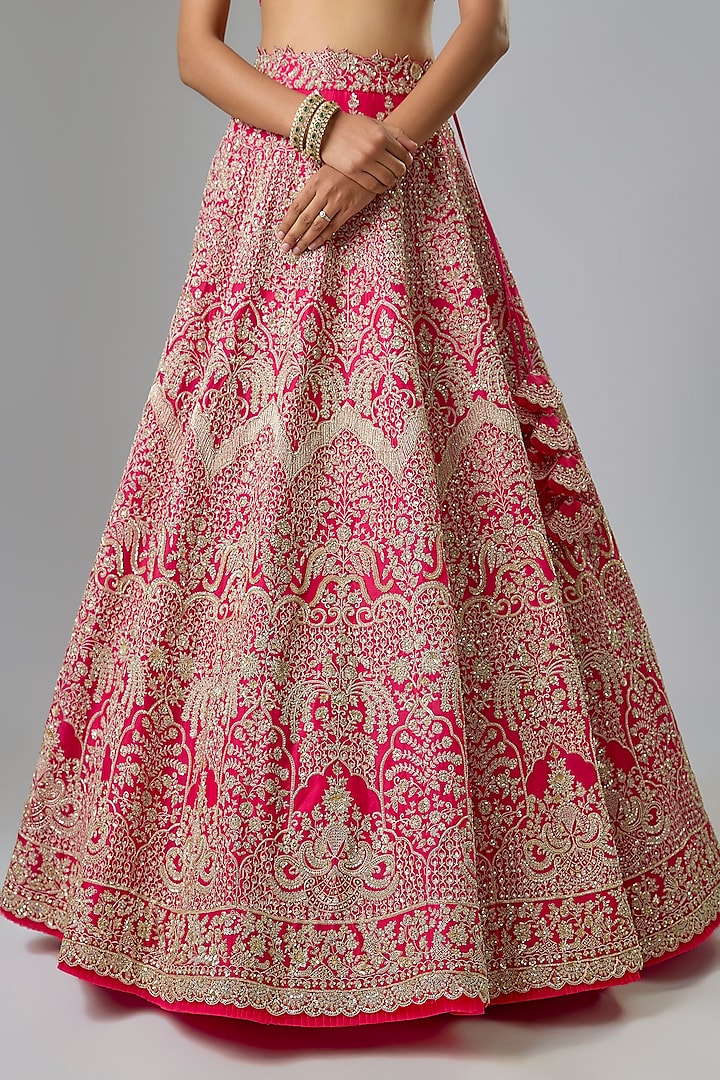 Cherry Red Organza Hand Embroidered Bridal Lehenga Set by Anushree Reddy at Pernia's Pop Up Shop