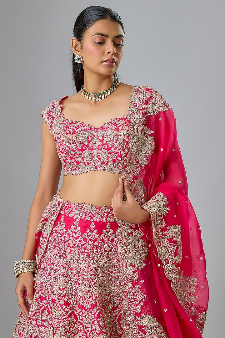 Cherry Red Organza Hand Embroidered Bridal Lehenga Set by Anushree Reddy at Pernia's Pop Up Shop