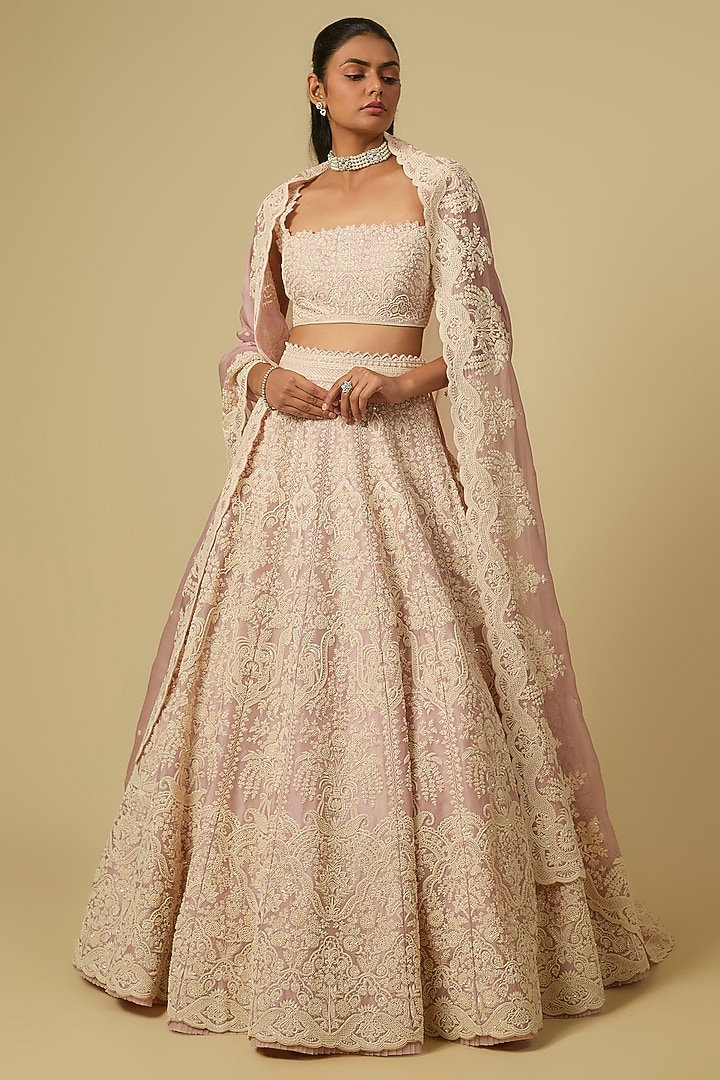 Soft Pink Organza Hand Embroidered Bridal Lehenga Set by Anushree Reddy at Pernia's Pop Up Shop