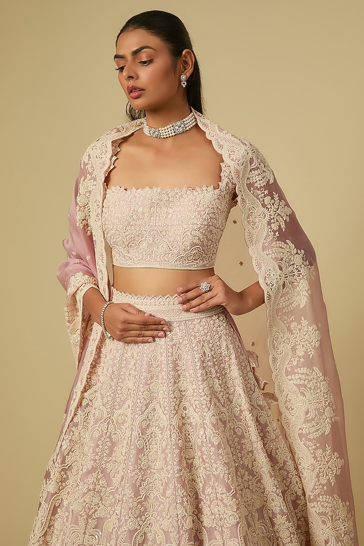 Soft Pink Organza Hand Embroidered Bridal Lehenga Set by Anushree Reddy at Pernia's Pop Up Shop