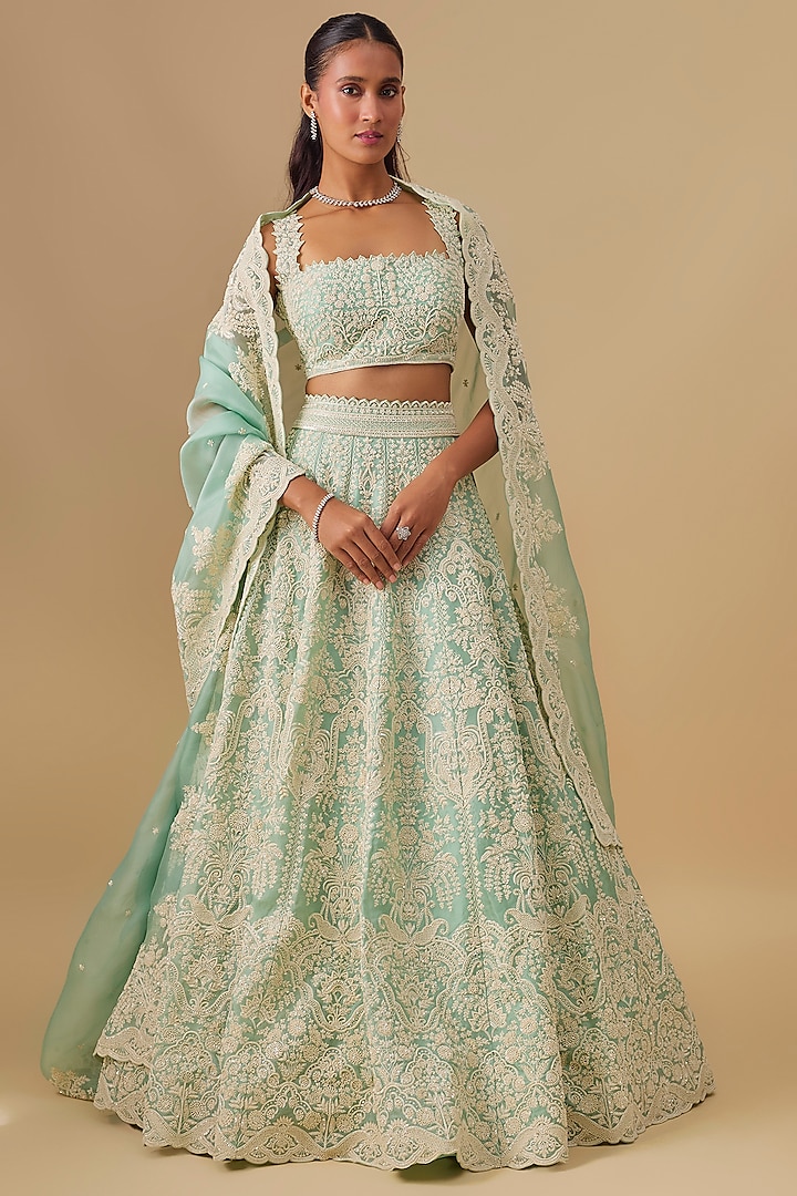 Ice Blue Organza Hand Embroidered Bridal lehenga for 22 Lehenga Set by Anushree Reddy at Pernia's Pop Up Shop
