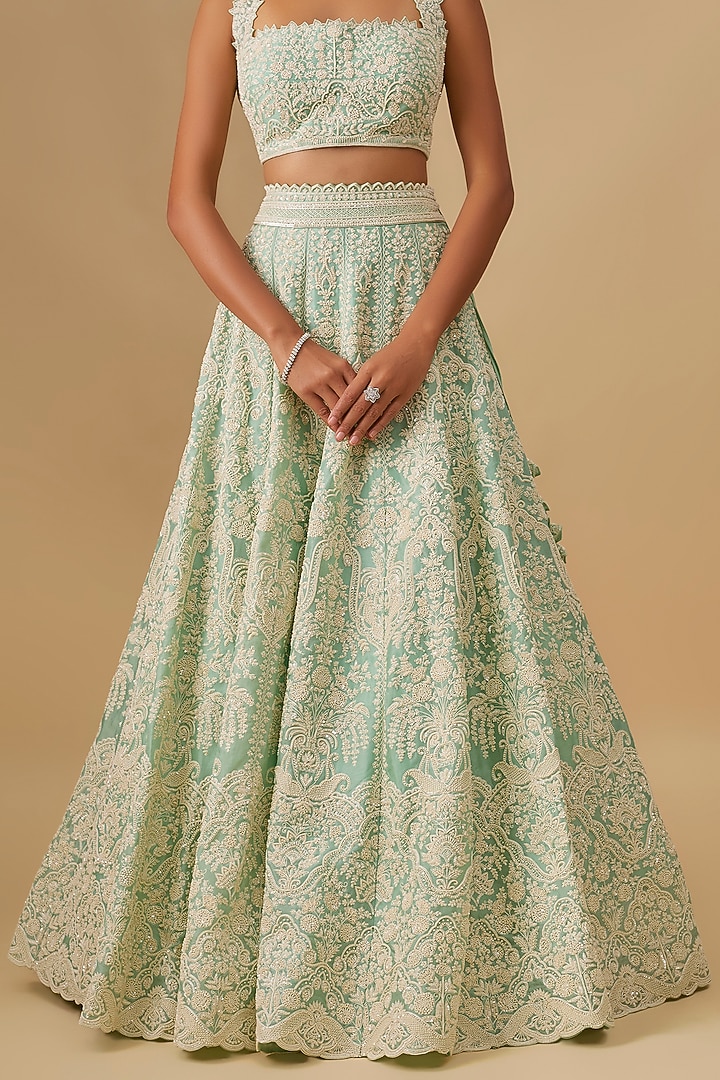 Ice Blue Organza Hand Embroidered Bridal Lehenga Set by Anushree Reddy at Pernia's Pop Up Shop