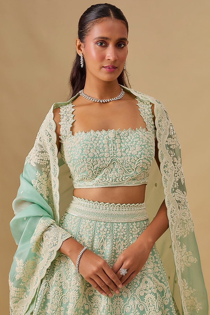 Ice Blue Organza Hand Embroidered Bridal Lehenga Set by Anushree Reddy at Pernia's Pop Up Shop