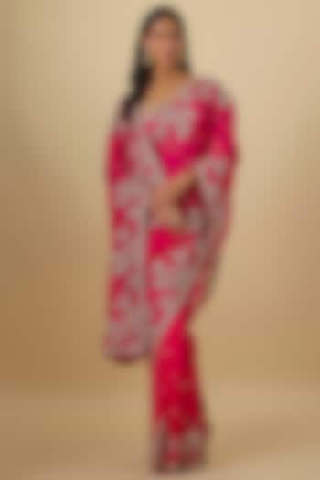 Cherry Red Organza Hand Embroidered Bridal Saree Set by Anushree Reddy at Pernia's Pop Up Shop