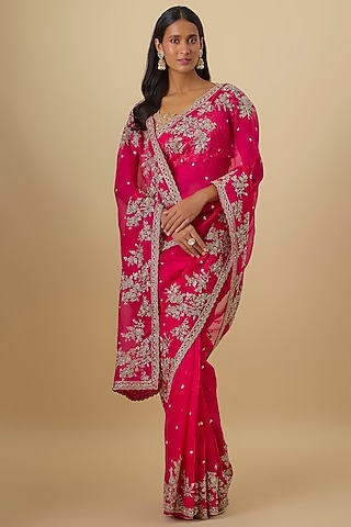Cherry Red Organza Hand Embroidered Saree Set by Anushree Reddy