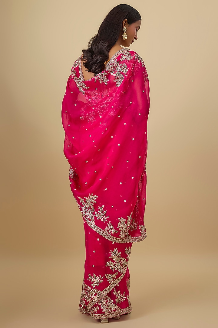 Cherry Red Organza Hand Embroidered Bridal Saree Set by Anushree Reddy at Pernia's Pop Up Shop
