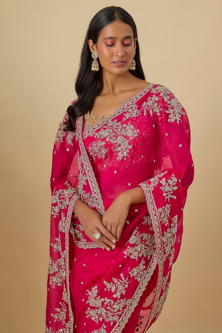 Cherry Red Organza Hand Embroidered Bridal Saree Set by Anushree Reddy at Pernia's Pop Up Shop