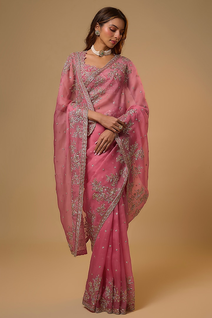 Pink Organza Bridal Saree Set by Anushree Reddy at Pernia's Pop Up Shop