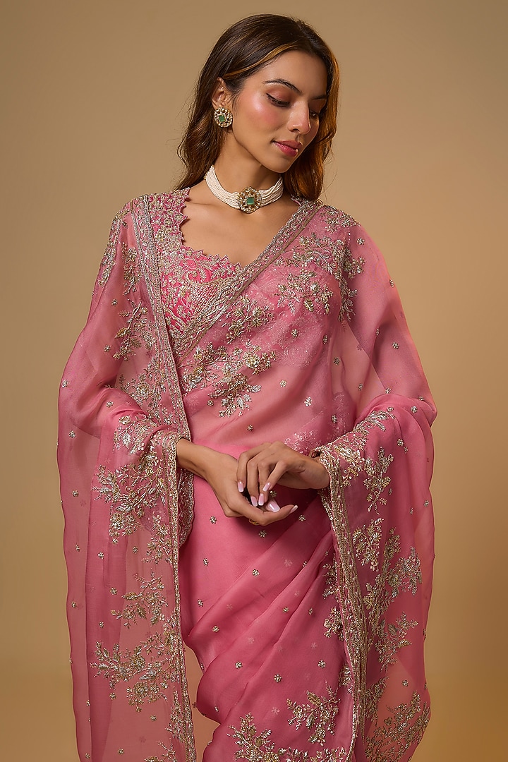 Pink Organza Bridal Saree Set by Anushree Reddy at Pernia's Pop Up Shop