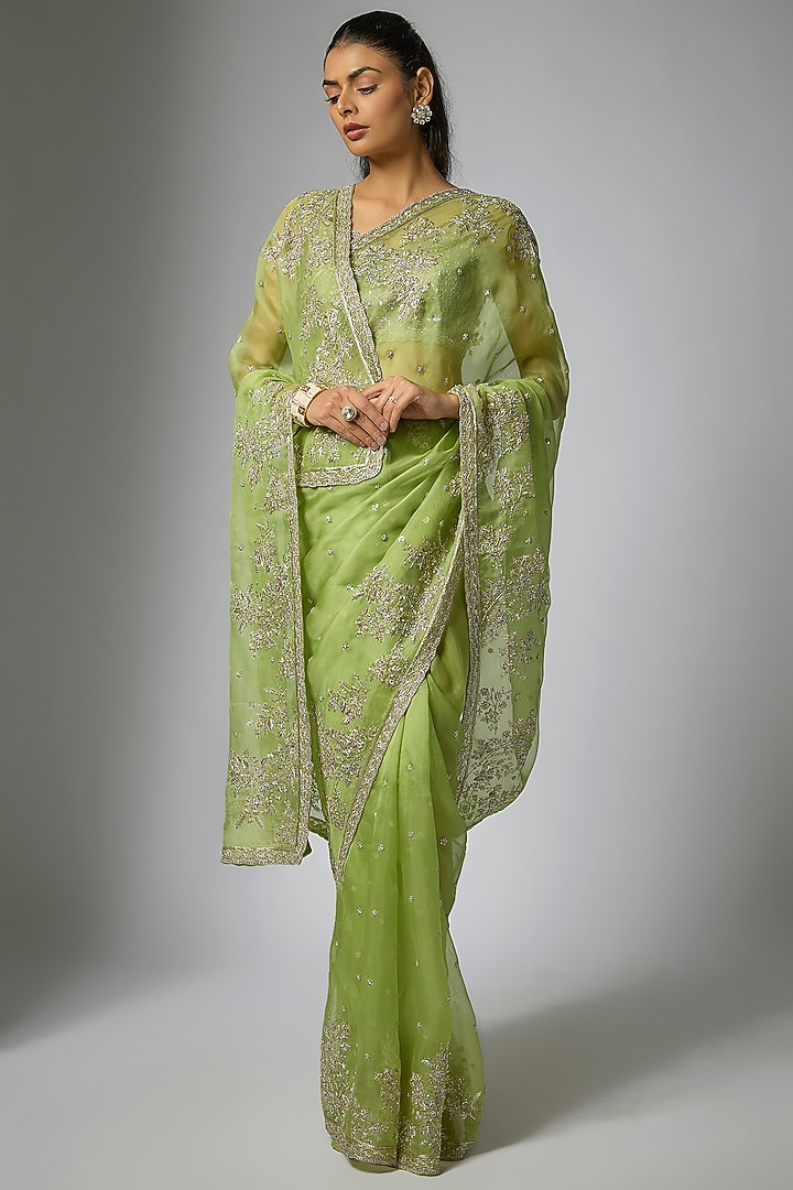 Chutney Green Organza Hand Embroidered Bridal Saree Set by Anushree Reddy at Pernia's Pop Up Shop