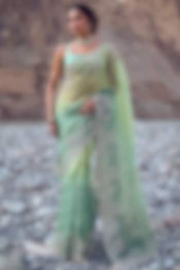 Sea Green & Chutney Green Organza Hand Embroidered Bridal Saree Set by Anushree Reddy at Pernia's Pop Up Shop