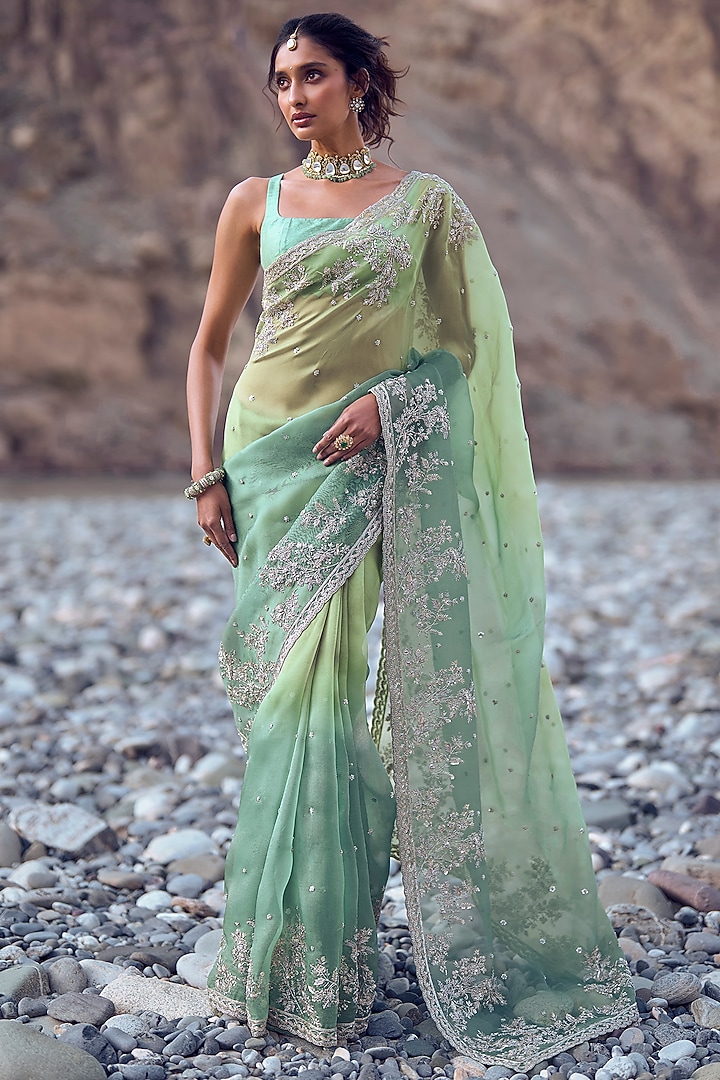 Sea Green & Chutney Green Organza Hand Embroidered Bridal Saree Set by Anushree Reddy at Pernia's Pop Up Shop
