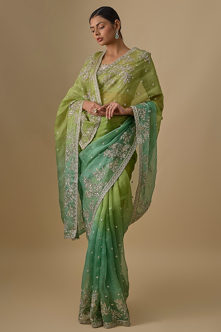 Sea Green & Chutney Green Organza Hand Embroidered Bridal Saree Set by Anushree Reddy at Pernia's Pop Up Shop