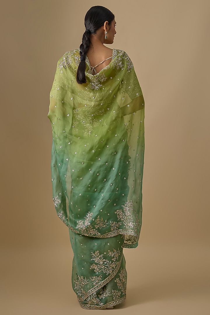 Sea Green & Chutney Green Organza Hand Embroidered Bridal Saree Set by Anushree Reddy at Pernia's Pop Up Shop