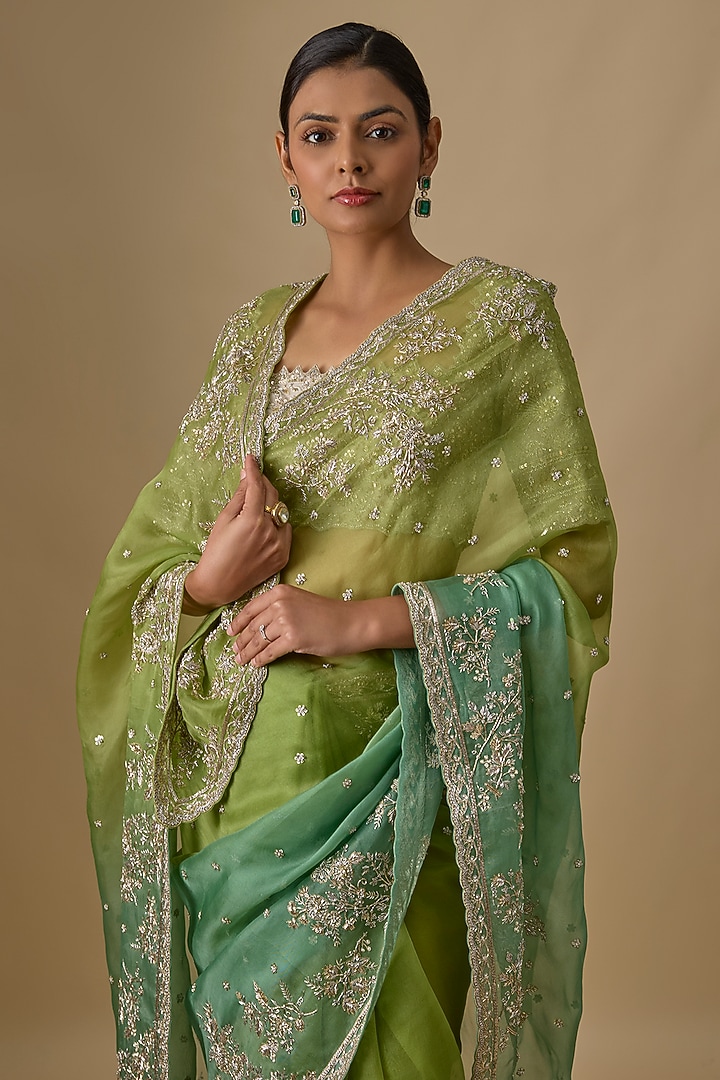Sea Green & Chutney Green Organza Hand Embroidered Bridal Saree Set by Anushree Reddy at Pernia's Pop Up Shop