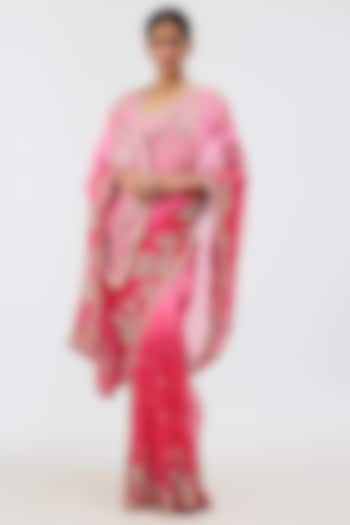 Pink & Cherry Red Ombre Organza Hand Embroidered Bridal Saree Set by Anushree Reddy at Pernia's Pop Up Shop