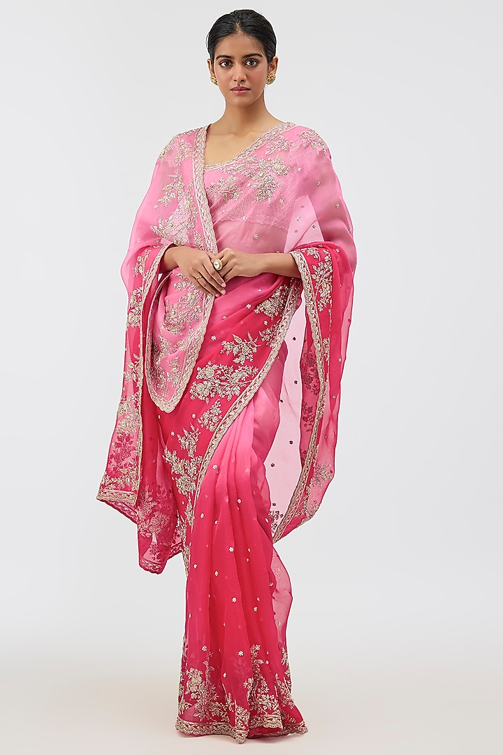 Pink & Cherry Red Ombre Organza Hand Embroidered Bridal Saree Set by Anushree Reddy at Pernia's Pop Up Shop