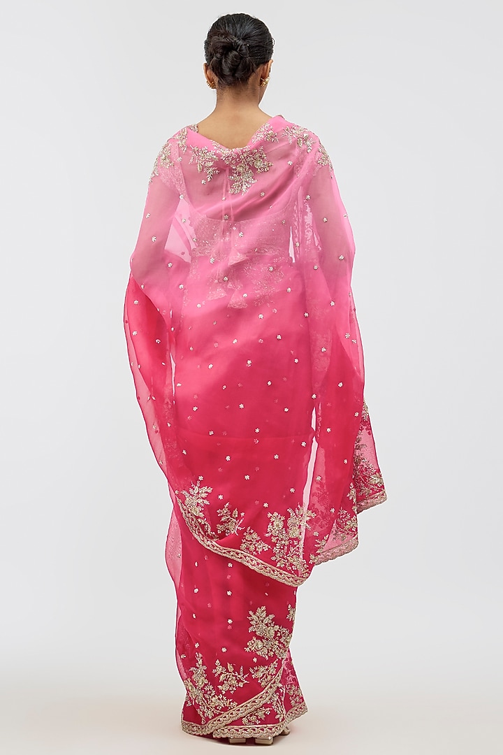 Pink & Cherry Red Ombre Organza Hand Embroidered Bridal Saree Set by Anushree Reddy at Pernia's Pop Up Shop