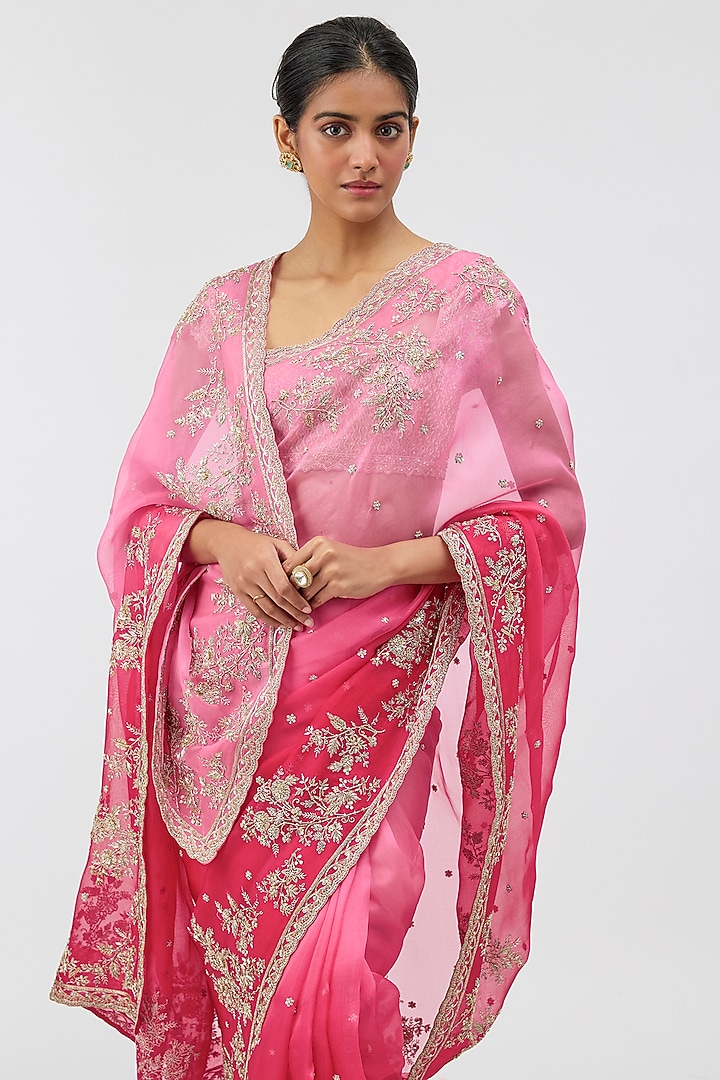 Pink & Cherry Red Ombre Organza Hand Embroidered Bridal Saree Set by Anushree Reddy at Pernia's Pop Up Shop