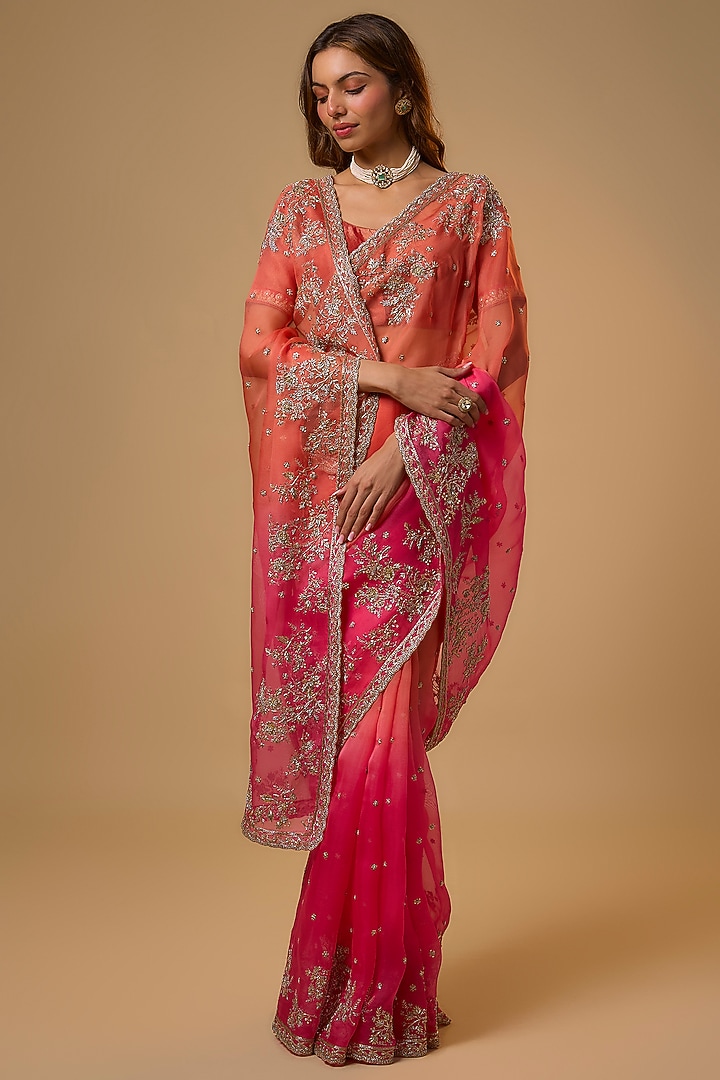 Orange & Pink Organza Hand Embroidered Bridal Saree Set by Anushree Reddy at Pernia's Pop Up Shop