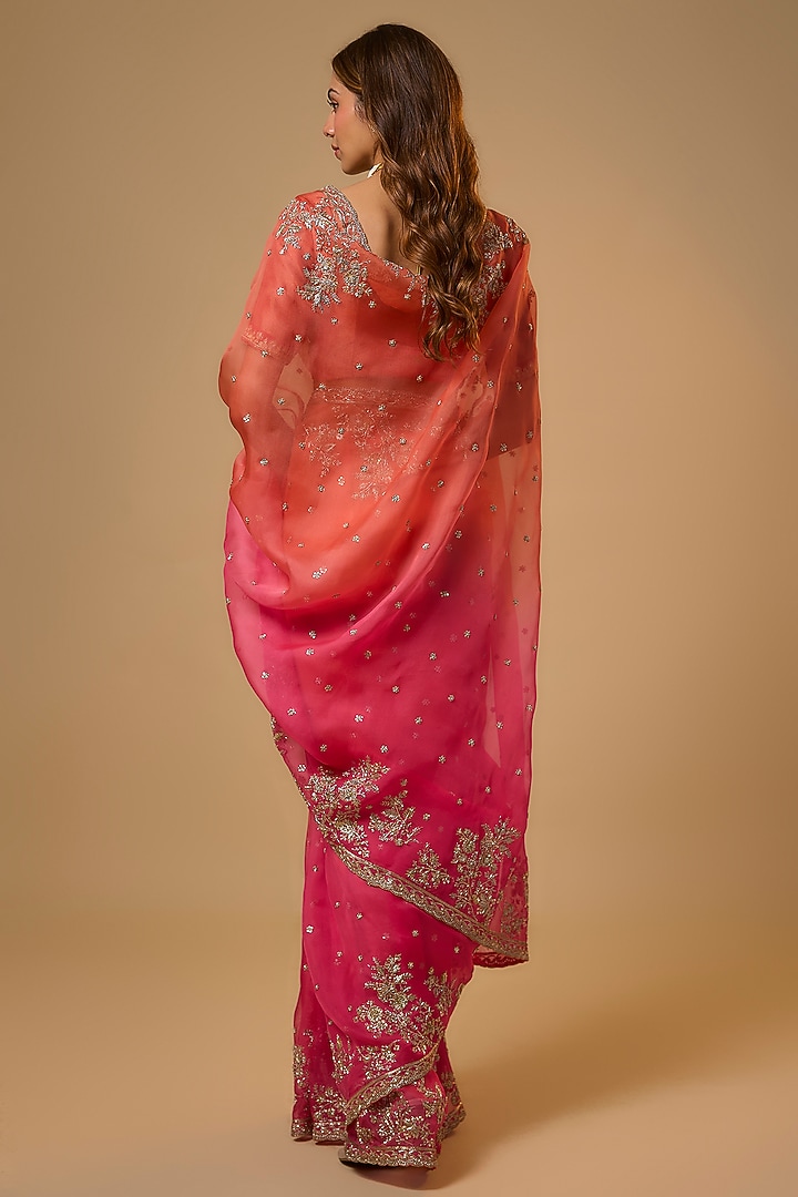 Orange & Pink Organza Hand Embroidered Bridal Saree Set by Anushree Reddy at Pernia's Pop Up Shop