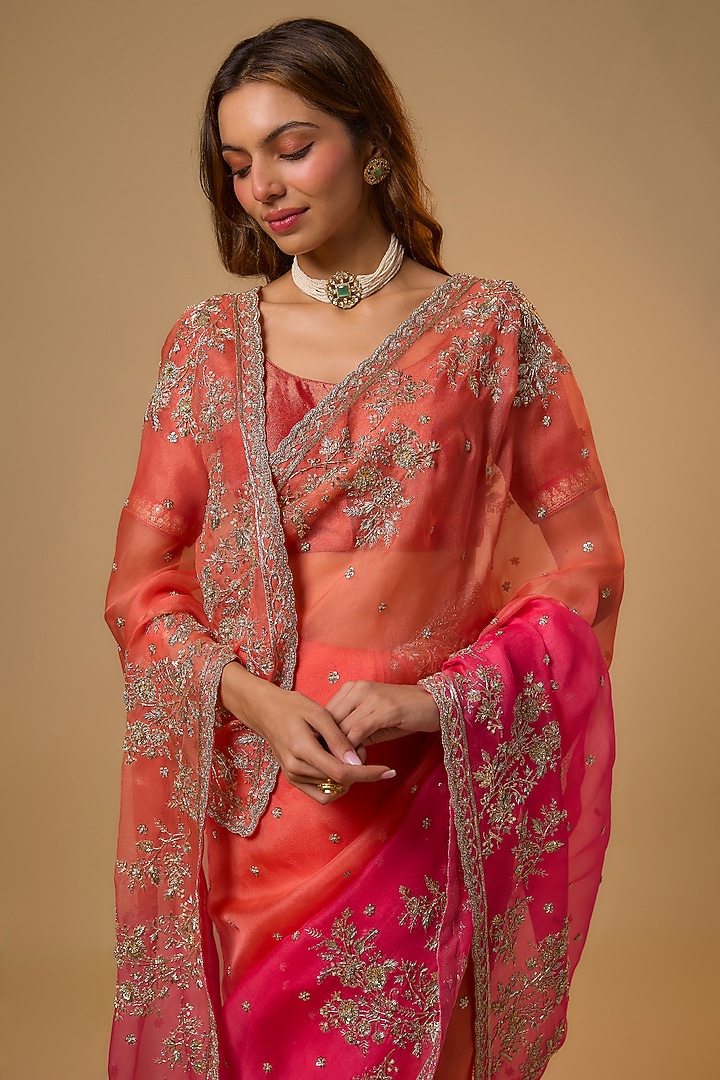Orange & Pink Organza Hand Embroidered Bridal Saree Set by Anushree Reddy at Pernia's Pop Up Shop