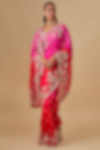 Hot Pink & Red Organza Hand Embroidered Ombre Bridal Saree Set by Anushree Reddy at Pernia's Pop Up Shop