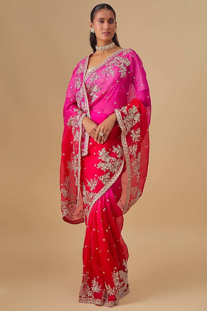Hot Pink & Red Organza Hand Embroidered Ombre Bridal Saree Set by Anushree Reddy at Pernia's Pop Up Shop
