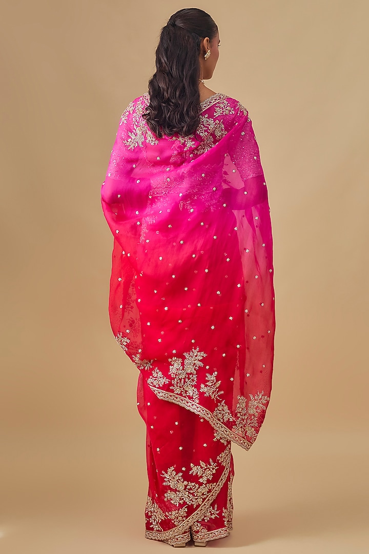 Hot Pink & Red Organza Hand Embroidered Ombre Bridal Saree Set by Anushree Reddy at Pernia's Pop Up Shop