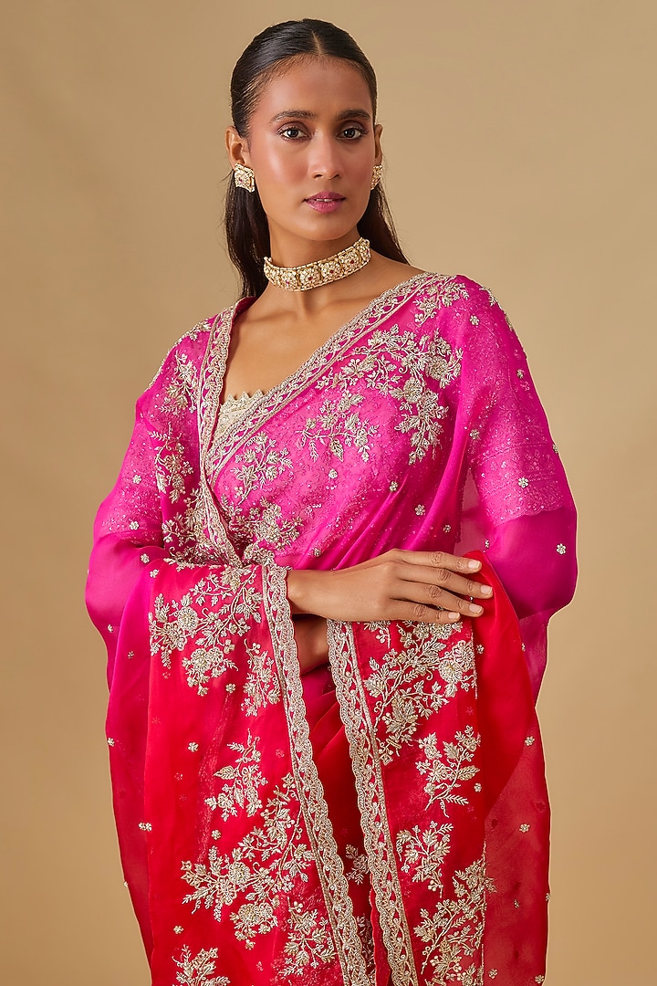 Hot Pink & Red Organza Hand Embroidered Ombre Bridal Saree Set by Anushree Reddy at Pernia's Pop Up Shop