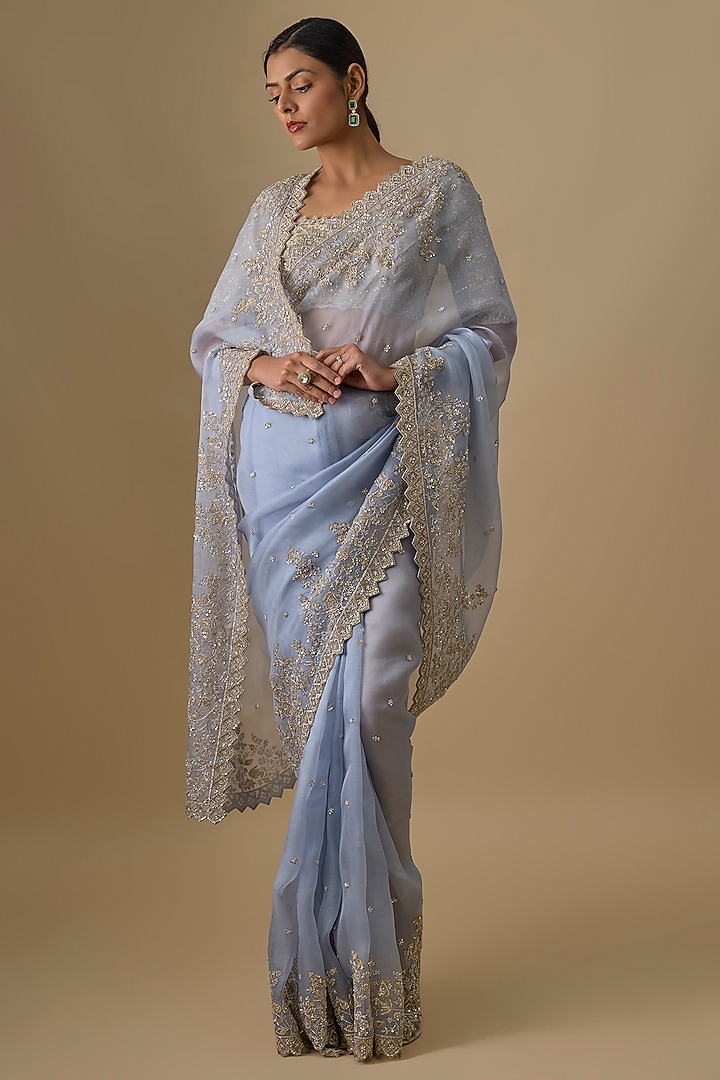 Sky Blue Organza Hand Embroidered Bridal Saree Set by Anushree Reddy at Pernia's Pop Up Shop
