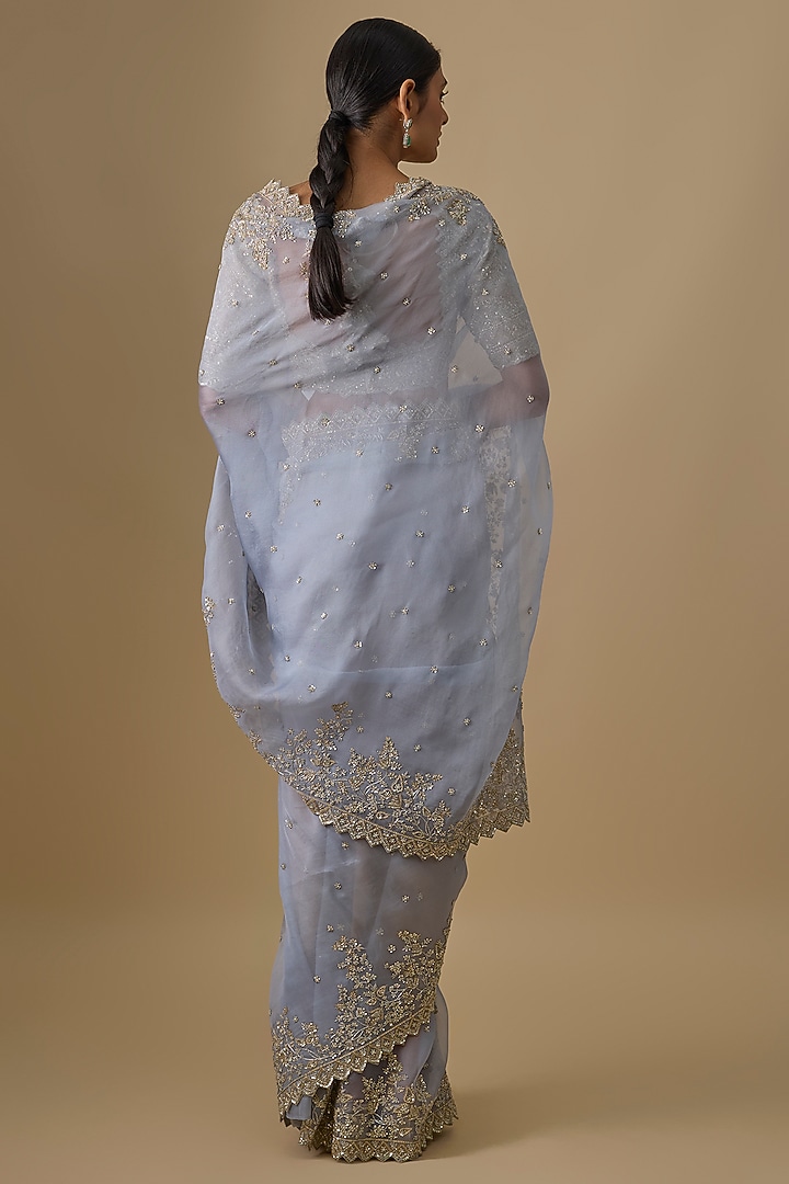 Sky Blue Organza Hand Embroidered Bridal Saree Set by Anushree Reddy at Pernia's Pop Up Shop
