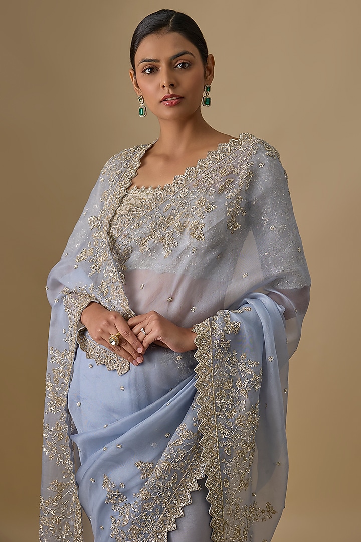 Sky Blue Organza Hand Embroidered Bridal Saree Set by Anushree Reddy at Pernia's Pop Up Shop