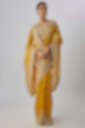 Mustard Yellow Organza Hand Embroidered Bridal Saree Set by Anushree Reddy at Pernia's Pop Up Shop