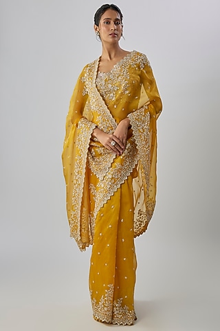 Mustard Yellow Organza Hand Embroidered Saree Set by Anushree Reddy