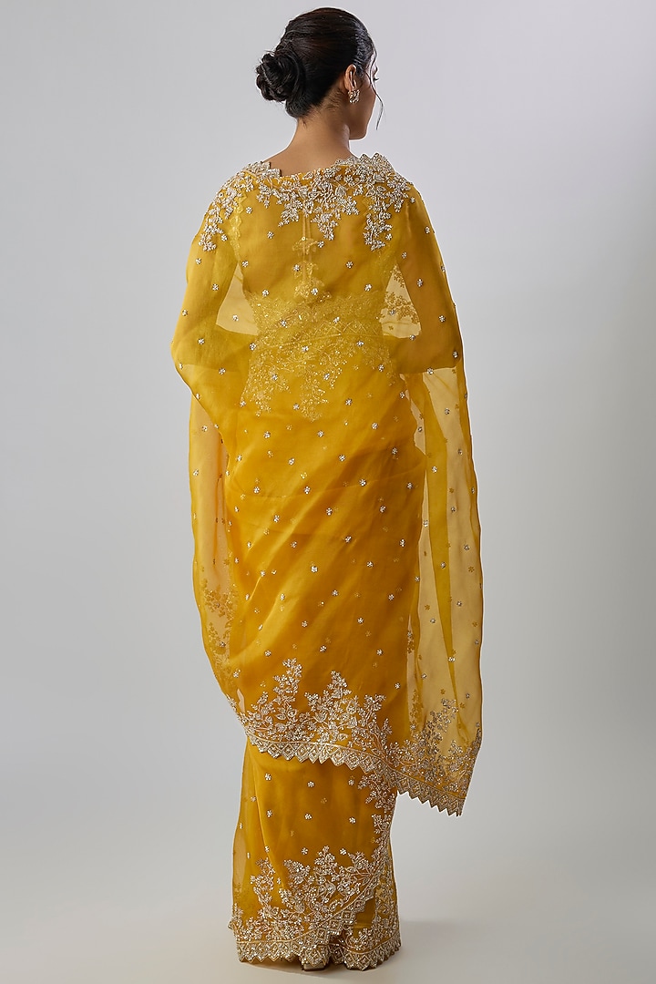 Mustard Yellow Organza Hand Embroidered Bridal Saree Set by Anushree Reddy at Pernia's Pop Up Shop