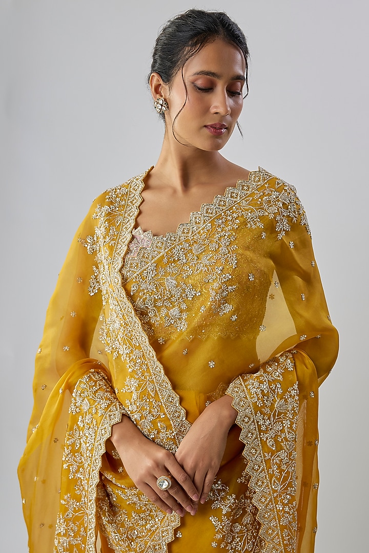 Mustard Yellow Organza Hand Embroidered Bridal Saree Set by Anushree Reddy at Pernia's Pop Up Shop