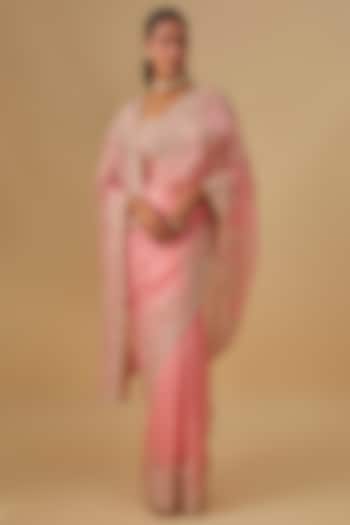 Peach Organza Hand Embroidered Ombre Bridal Saree Set by Anushree Reddy at Pernia's Pop Up Shop