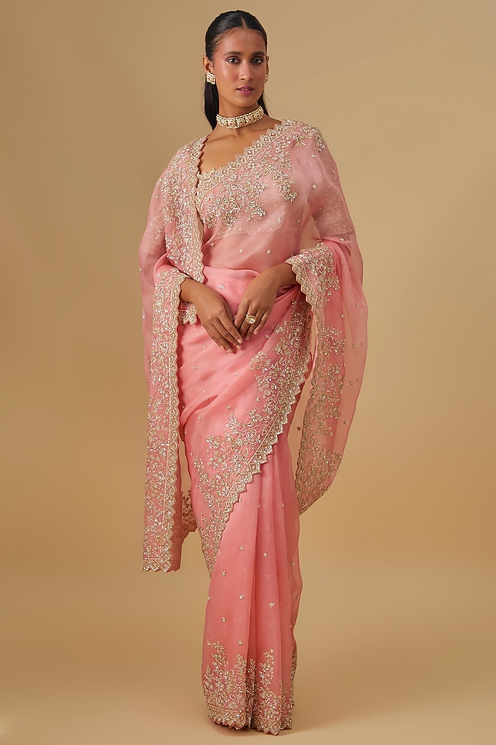 Peach Organza Hand Embroidered Ombre Bridal Saree Set by Anushree Reddy at Pernia's Pop Up Shop