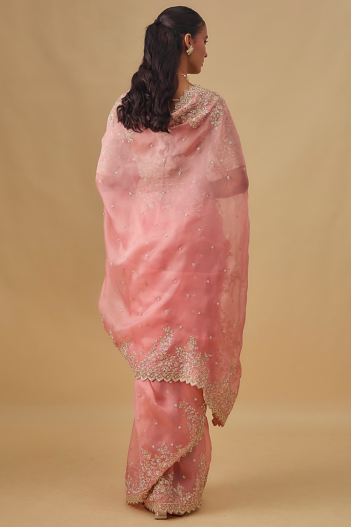 Peach Organza Hand Embroidered Ombre Bridal Saree Set by Anushree Reddy at Pernia's Pop Up Shop