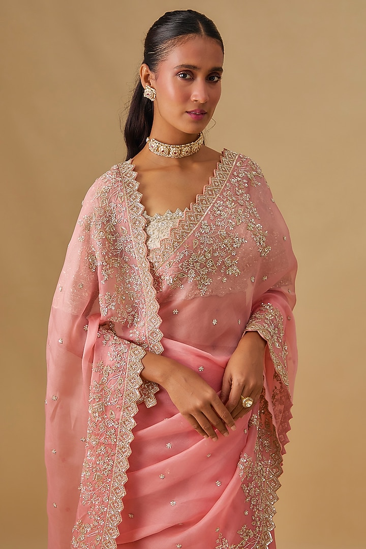 Peach Organza Hand Embroidered Ombre Bridal Saree Set by Anushree Reddy at Pernia's Pop Up Shop