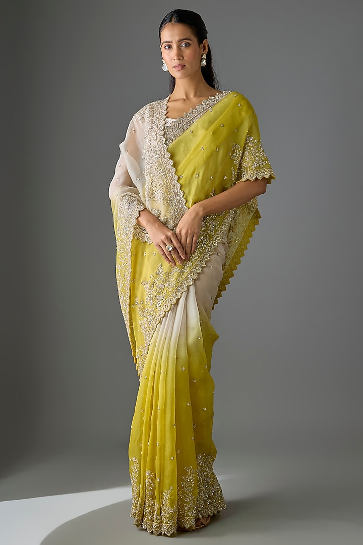 Ivory & Yellow Ombre Organza Hand Embroidered Bridal Saree Set by Anushree Reddy at Pernia's Pop Up Shop