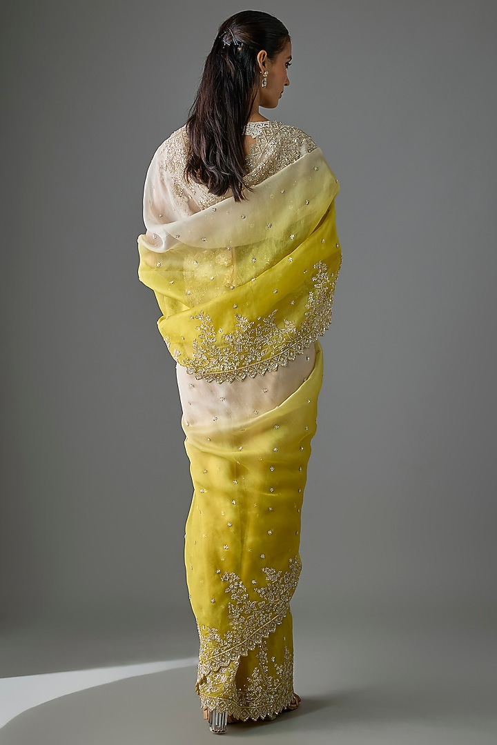 Ivory & Yellow Ombre Organza Hand Embroidered Bridal Saree Set by Anushree Reddy at Pernia's Pop Up Shop