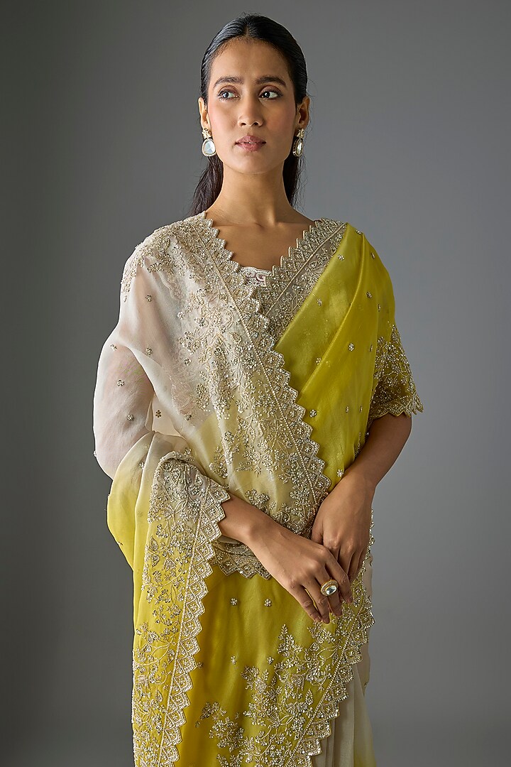 Ivory & Yellow Ombre Organza Hand Embroidered Bridal Saree Set by Anushree Reddy at Pernia's Pop Up Shop