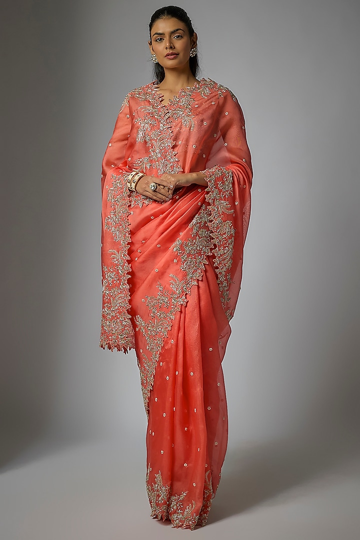 Deep Coral Organza Hand Embroidered Bridal Saree Set by Anushree Reddy at Pernia's Pop Up Shop