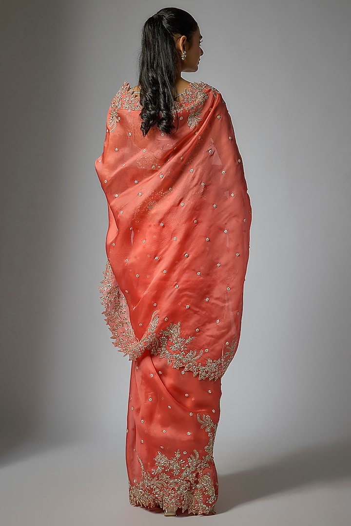 Deep Coral Organza Hand Embroidered Bridal Saree Set by Anushree Reddy at Pernia's Pop Up Shop