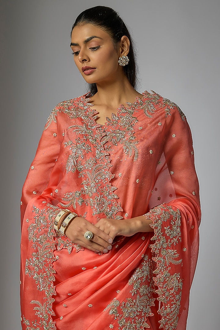 Deep Coral Organza Hand Embroidered Bridal Saree Set by Anushree Reddy at Pernia's Pop Up Shop