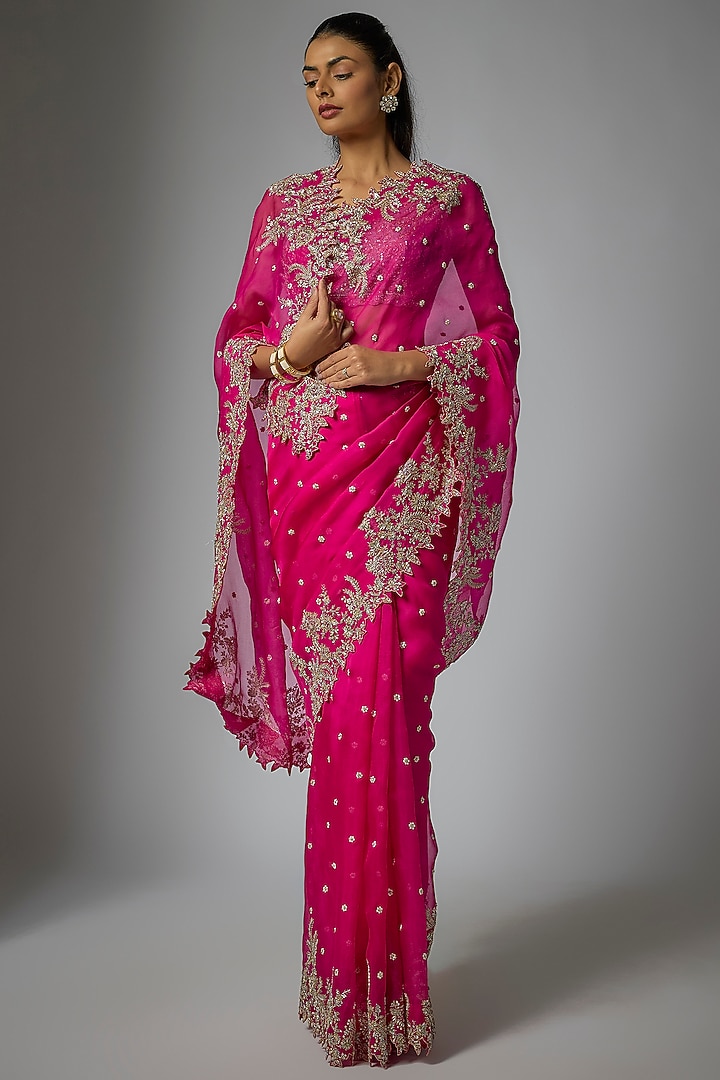Hot Pink Organza Hand Embroidered Bridal Saree Set by Anushree Reddy at Pernia's Pop Up Shop